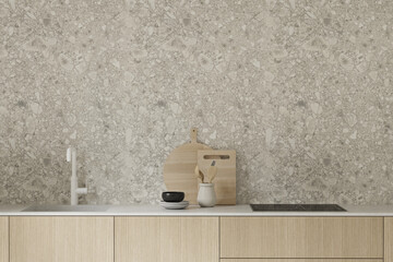 Close up modern  kitchen view , blank space , empty wall , countertop and terrazzo background , mock up , 3d rendering