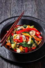 Stir Fry Vegetables in black bowl, top view
