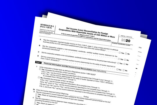 Form 1120-F (Schedule M-3) documentation published IRS USA 11.13.2020. American tax document on colored