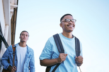 Student, university and education with friends on campus walking to class or travel at school. Scholarship, study and college with a man pupil and friend in backpacks ready for development