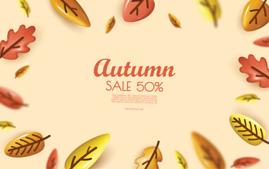 Autumn sale poster or banner with autumn colorful leaves. Greetings and presents for Autumn season.