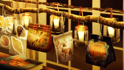 【背景イラスト】秋のおくりもの,キャンドル,店内