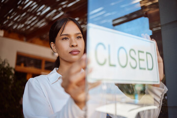 Restaurant small business, closed sign and waiter woman at local coffee shop startup finish...