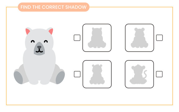 Find the correct shadow polar bear. Activity worksheet for preschool kids. Animals theme. vector illustration.