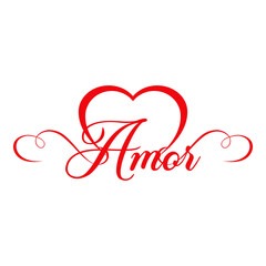 Logo con texto manuscrito Amor en espa&ntilde;ol con silueta de coraz&oacute;n lineal con filigrana caligr&aacute;fica. L&iacute;neas con florituras
