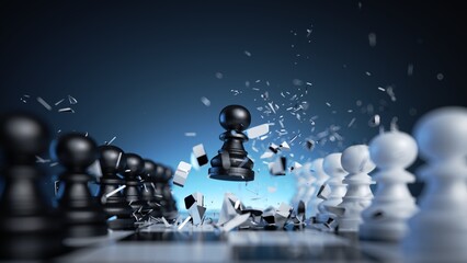3d illustration, chess game aggressive move, black pawn chess piece breakthrough. Successful business planning, innovation concept