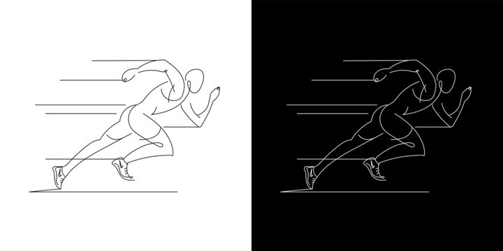 Line drawing of young man athlete runner focus sprint run. Individual sport, competitive concept. Dynamic single line draw design vector illustration for running competition poster.Vector illustration