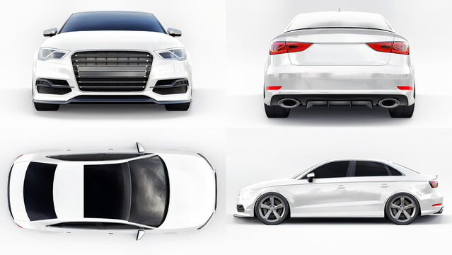 Berlin. Germany. February 2, 2021. Audi S3. Super fast sports car white color on a white background. Body shape sedan. Tuning is a version of an ordinary family car. 3d rendering.