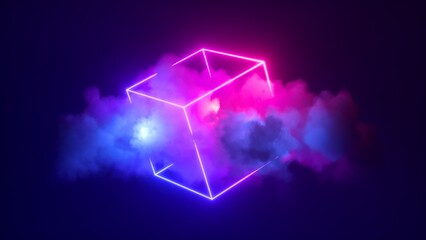3d rendering, abstract pink blue neon background with glowing cloud and cube box geometric shape - obrazy, fototapety, plakaty