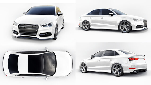 Berlin. Germany. February 2, 2021. Audi S3. Super fast sports car white color on a white background. Body shape sedan. Tuning is a version of an ordinary family car. 3d rendering.