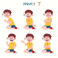 Set of kid boys showing angry expression.Vector illustration.
