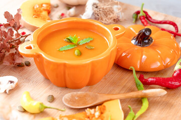 Warm and tasty pumpkin soup with mint on top in pumpkin shaped bowl with spoon surrounded by green and red peppers, mushrooms, garlics, pumpkin seeds on wooden table. High quality photo