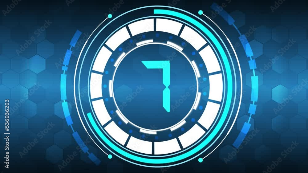 Poster technology countdown from 10 seconds to 0 seconds blue. technological animation with glowing blue ci