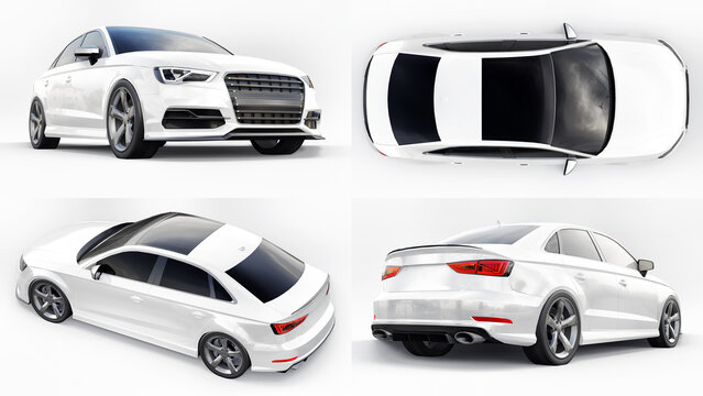 Berlin. Germany. February 2, 2021. Audi S3. Super fast sports car white color on a white background. Body shape sedan. Tuning is a version of an ordinary family car. 3d rendering.