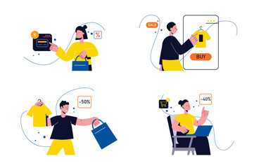 Concept Shopping with people four scenes in the flat cartoon style. Boys and girls buy new clothes with discounts. Vector illustration.