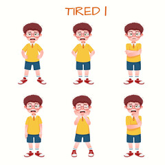 Set of kid boys showing tired expression.Vector illustration.
