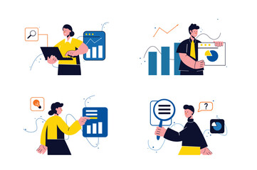 Searching opportunities concept with people four scenes in the flat cartoon style. Different employees are looking for the same opportunities for further work. Vector illustration.