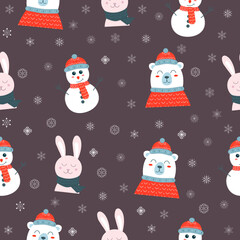 Seamless pattern with Christmas white bear in a red hat and sweater, snowman and rabbit on dark violet background