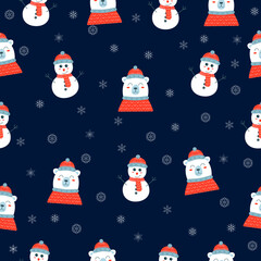 Seamless pattern with Cute smiling snowman and bear in a red hat and scarf on dark background