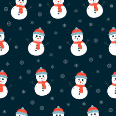 Seamless pattern with Cute smiling snowman in a red hat and scarf on dark background