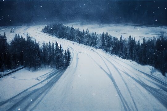 car driving on asphalt road through the winter snowy forest . Drone top view of frozen winter forest. Areal view.