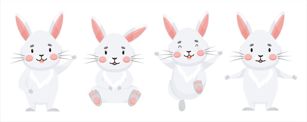 Set of baby gray rabbit in different poses, sitting, standing, waving, jumping. Cute happy bunnies Characters in cartoon style. Vector illustration isolated on white background