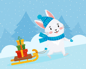 A gray rabbit carries a sled with stack gifts in winter against the backdrop of snow and fir trees. Happy bunny climbing up the slide.Vector children's background with winter landscape