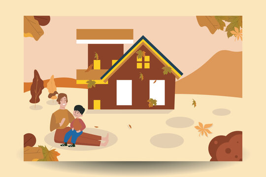 flat illustration vector the family is playing and cleaning the dry leaves in autumn in front of the house cheerfully and happily welcoming autumn