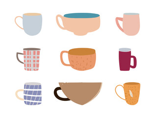 Coffee cup Hand drawn design set, doodle style. Scandinavian style illustration. Isolated on white background. Hand drawn trendy vector illustration. 