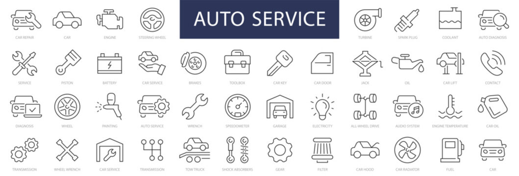 Car service thin line icons set. Auto service & Car repair editable stroke icon collection. Car, Service, Repair, Garage, Engine, Diagnostic, Auto, Vehicle symbol. Vector illustration