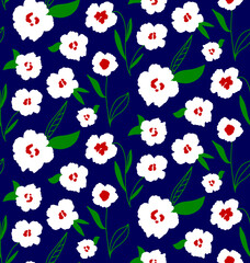Abstract Hand Drawing Ditsy Flowers and Leaves Repeating Vector Pattern Isolated Background