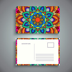 Postcard design template with arabesque floral mandala, Bright floral ornamental elements, Vector background template with ornamental mandala pattern design