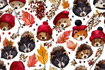Autumn Animals Seamless Pattern in Watercolor Cute baby bear hedgehog boar raccoon and beaver in warm hats jacket scarf with branches and berries on white background For children decor print - obrazy, fototapety, plakaty