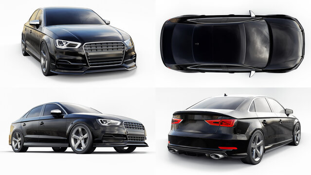 Berlin. Germany. February 2, 2021. Audi S3. Set of Super fast sports car color black metallic on a white background. Body shape sedan. Tuning is a version of an ordinary family car. 3d rendering.