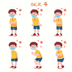 Set of kid boys showing sick expression.Vector illustration.