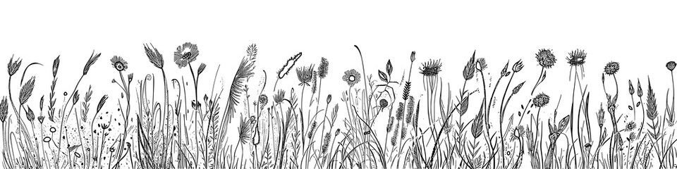 Dry wild grass, black pencil drawing isolated on white background, panoramic view - obrazy, fototapety, plakaty