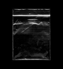 Blank transparent plastic bag overlay on black background