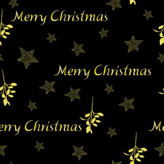 Fototapeta na wymiar Christmas seamless pattern with Merry Christmas, mistletoe and stars. Gold glitter. Prints, packaging template, wrapping paper, textile, bedding and wallpaper.