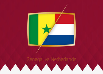 Senegal vs Netherlands, group stage icon of football competition on burgundy background.