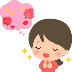 バラ色の想像に浸る笑顔の女性