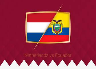 Netherlands vs Ecuador, group stage icon of football competition on burgundy background.