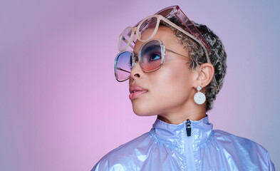 Sunglasses, fashion and black woman in neon clothes in color studio mock up space for advertising...