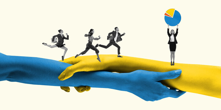 Forward to the goal. Human hands control, taking people, who running to buisness target. Contemporary art collage. Inspiration, idea. Concept of teamwork, occupation, increase in sales - Powered by Adobe