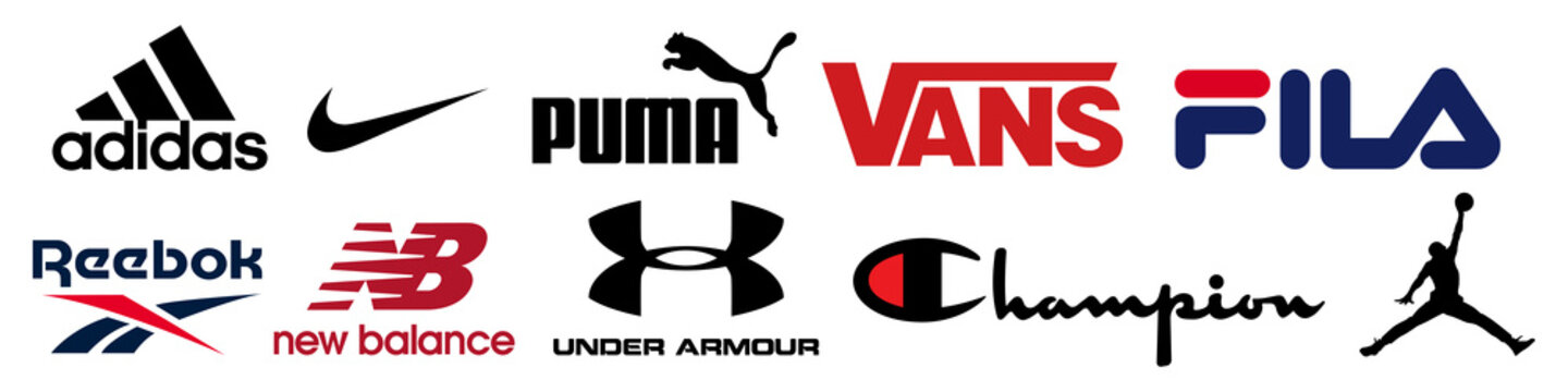 Collection of popular sportswear brands logo, Nike, Adidas, Under Armour, Puma, Reebok, Champion, New Balance, Vans, Fila. Editorial vector. Vector illustration EPS 10