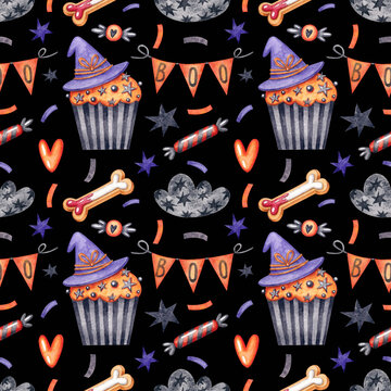 Seamless pattern with cupcakes, witch hat, sweets and clouds on a black background. Watercolor illustration. Halloween. Holiday. Print on fabric and wrapping paper. Design. Art. October. Wallpaper.
