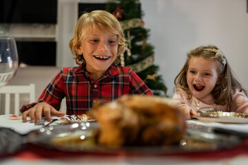 at Christmas dinner, with the family, the children and siblings look at the Christmas turkey with a...