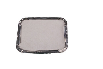 Disposable food container kitchen tray, aluminum foil isolated on white background. Online food...