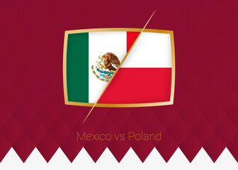 Mexico vs Poland, group stage icon of football competition on burgundy background.