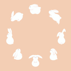 2023 Lunar, Chinese, Japanese New Year kawaii funny rabbits round frame. Cute eastern zodiac sign, symbol. Vector illustration. Flat style design. Concept for holiday card, banner, poster, decor.