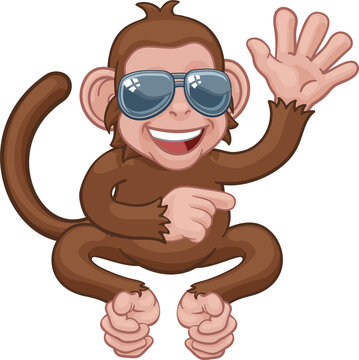 Monkey Sunglasses Cartoon Animal Waving Pointing
